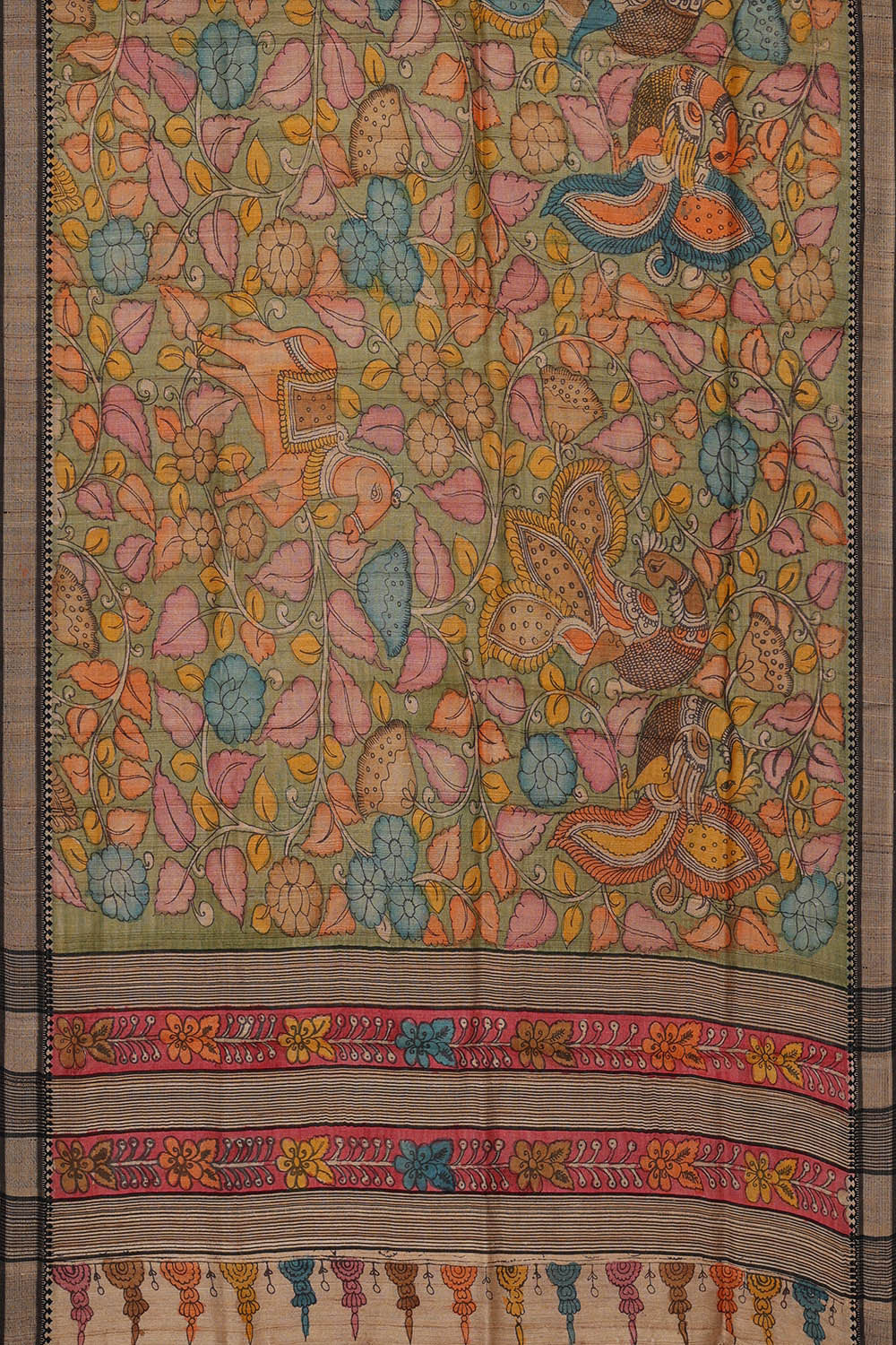 Image of Printed Tussar Kalamkari Pista Green Saree